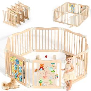 Foldable Wooden Playpen - Adjustable Wood Baby Play Yard with Child-Proof Lock, Indoor Large Safety Fence for Babies and Toddlers - Easy Assembly, 55 x 55 x 24 inches, Dino Land, Natural