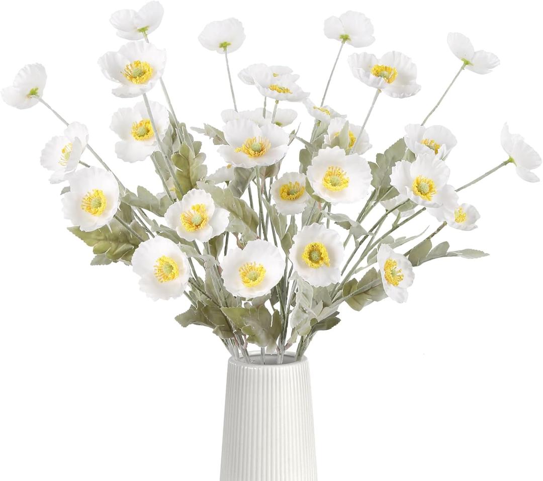 32 Heads Artificial Poppies 8PCS White Silk Poppy Flowers Faux Flowers with Stems for Wedding Bouquet Home Party Garden Outdoor Decoration(White)