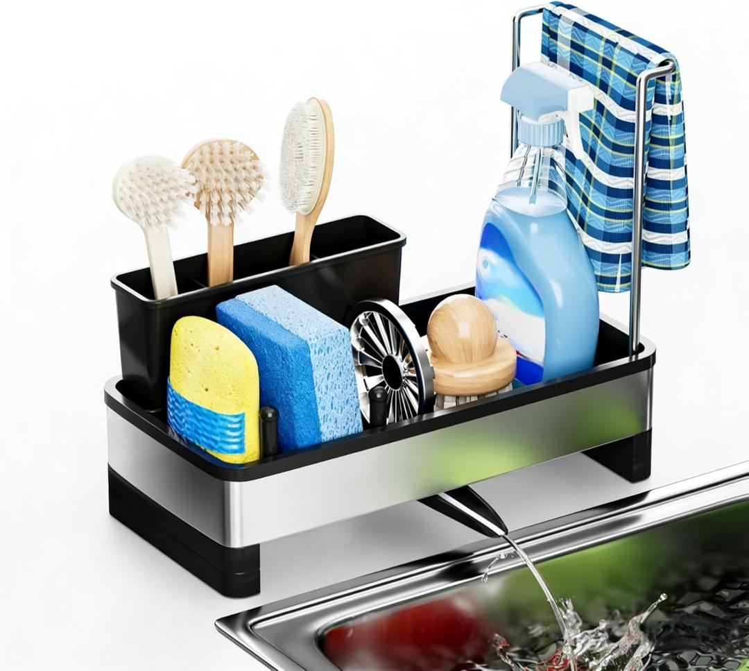 Kitchen Sink Caddy Organizer with Sponge & Brush Holder, Rustproof 304 Stainless Steel Countertop Storage with Towel Bar, Drying Rack for Kitchen Essentials