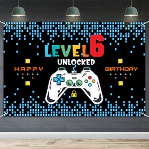 HAMIGAR 6x4ft Happy 6th Birthday Baner Backdrop - Level 6 Unlocked Birthday Decorations Party Supplies for Boys - Blue