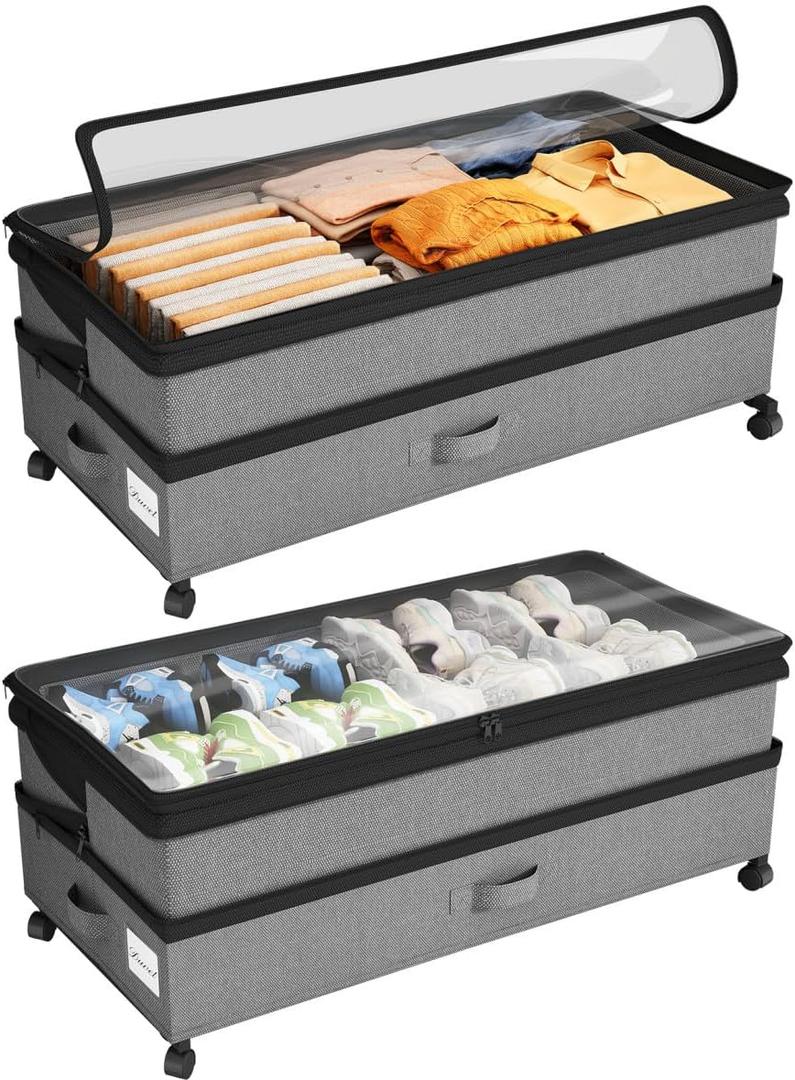 Kitstorack Under Bed Storage with Wheels 2Pack Height-adjustable Under Bed Storage Containers, Under Bed Shoe Storage Organizer with Clear Window&Label, Suitable for Clothes Storage, Gray