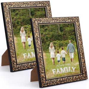 Edenseelake 8x10 Picture Frames Set of 2, Vintage Flower Relief Photo Frame 8 by 10 for Tabletop or Wall Display, Black-Gold (8x10 inch)