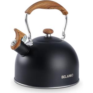 Tea Kettle, BELANKO 85 OZ / 2.5 Liter Whistling Tea Kettle, Tea Pots for Stove Top Food Grade Stainless Steel with Wood Pattern Folding Handle, Loud Whistle Kettle for Tea, Coffee, Milk  Black