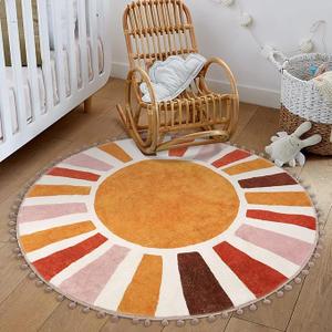 LIVEBOX Boho Nursery Rug Round 4ft Sun Rainbow Rugs for Girls Bedroom, Colorful Soft Circular Rug for Kids Room, Non-Slip Circle Cute Washable for Living Room Classroom Play Room