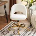 VINGLI Modern Teddy Fluffy Small Office Chair,Cute Desk Chair with Wheels,Gold Base/Studs, Comfy Armless Swivel Vanity Task Chair for Women/Girl/Kids, Nail Tech Chair for Bedroom,Small Space,White