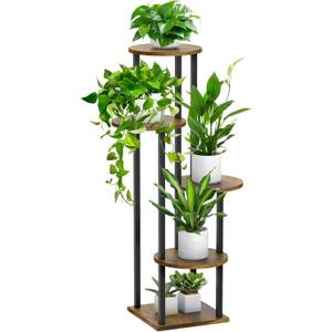 5 Tier Plant Stand Indoor, Metal Wooden Tall Plant Shelf Flower Pot Stand for Multiple Plants, Corner Flower Holder Plant Display Rack for Living Room Balcony Patio Garden (Rustic Brown) (See Figure)