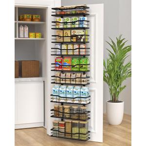 9-Tier Over The Door Pantry Organizer, Metal Pantry Organizers and Storage with Adjustable Basket, Spice Rack Seasoning Shelves, Over the Door Organizer for Pantry Kitchen Laundry Bathroom (Black)