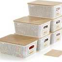 Bagnizer Small Plastic Storage Bins with Bamboo Lids 5.2qt Stackable Box Basket Pantry Decorative Containers Cute with Labels for Organizing Desktop Closet Office Cream White of 6 packs 10*7.2*4.1"