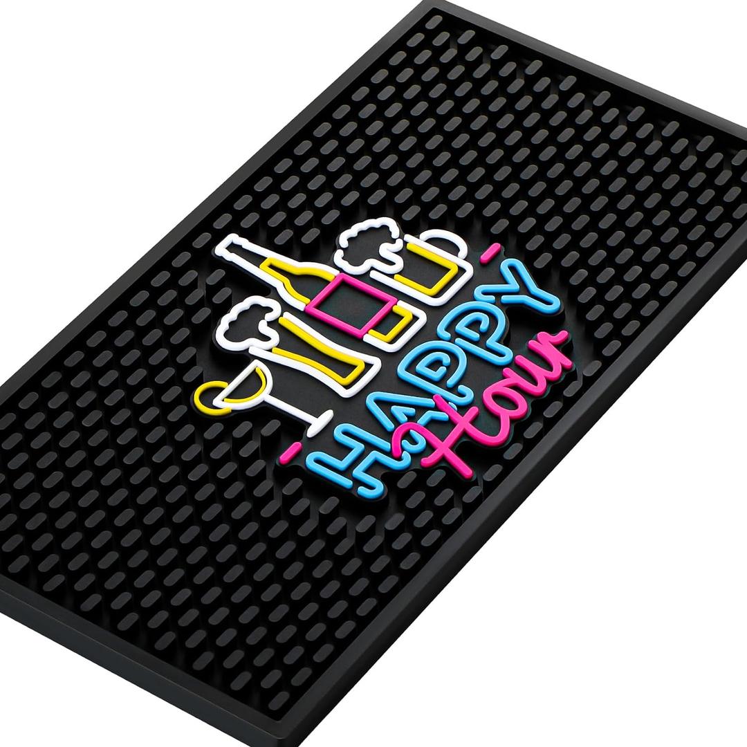 Preboun Bar Mat for Countertop with Fluorescent Pattern Thick Rubber Non Slip Black Bar Spill Mats for Coffee Kitchen Restaurants Entertaining Home Service(1 Pcs,5.91 x 11.81 Inch), Black