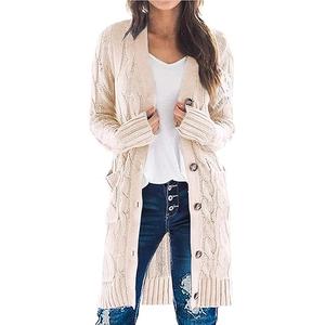 PRETTYGARDEN Long Sleeve Cable Knit Long Cardigan for Women 2025 Fall Winter Chunky Open Front Button Sweaters with Pockets. Size:XXL Color: Beige