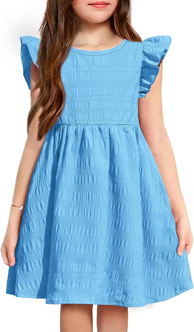 Arshiner Girls Dress Casual Ruffle Sleeveless A Line Summer Dresses with Pockets 4-12 Years (8, Light Blue)