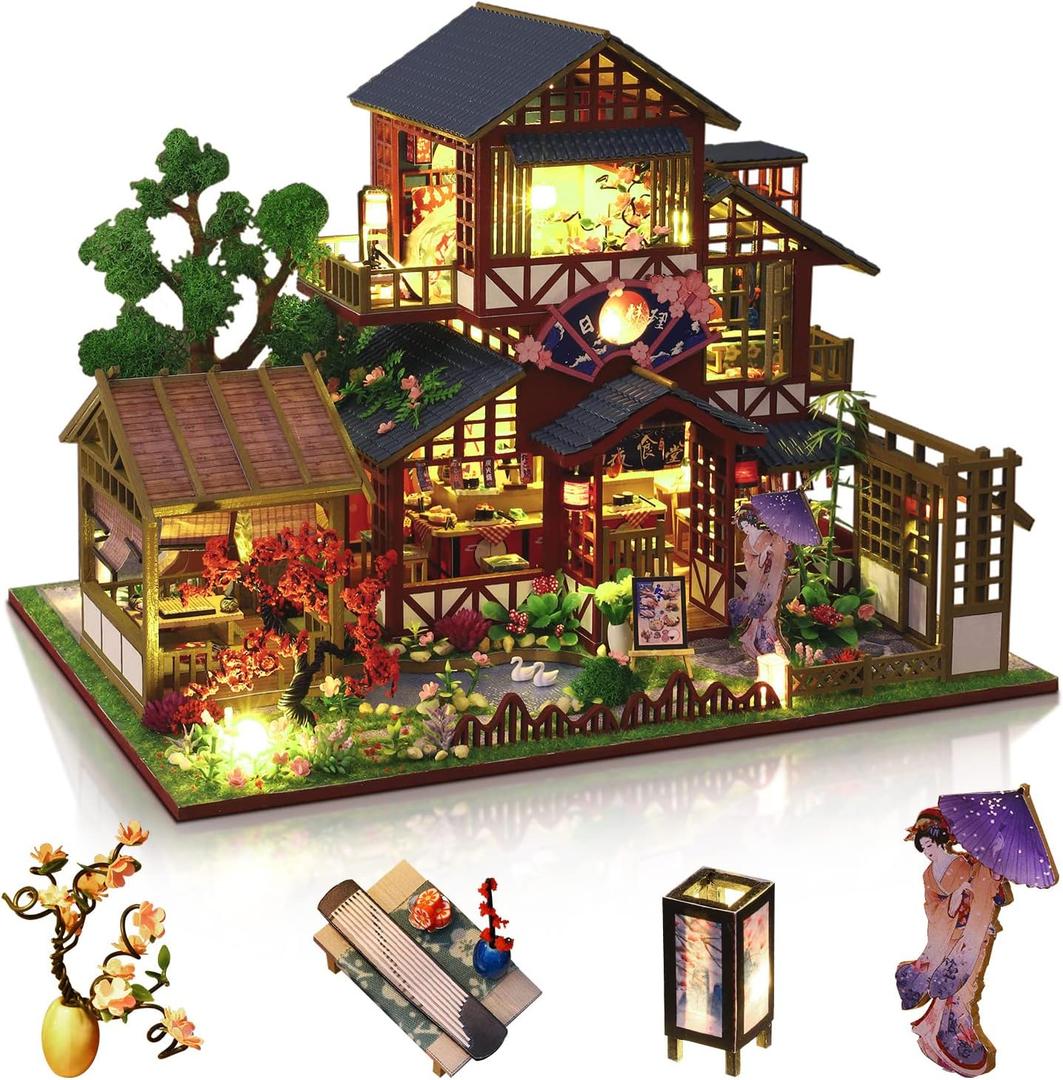 GuDoQi DIY Miniature Dollhouse Kit, 1:24 Scale Tiny House with Music Plant, Model Craft Kit for Adults, Great Handmade Gift for Birthday Christmas Day, Japanese Villa Courtyard