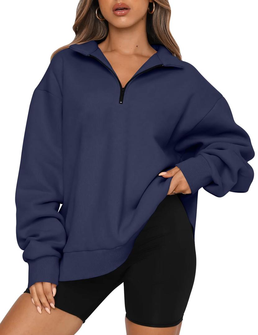 Trendy Queen Women's Oversized Half Zip Fleece Sweatshirts-Cozy Pullover, Drop Shoulder for Fall Winter DarkBlue L