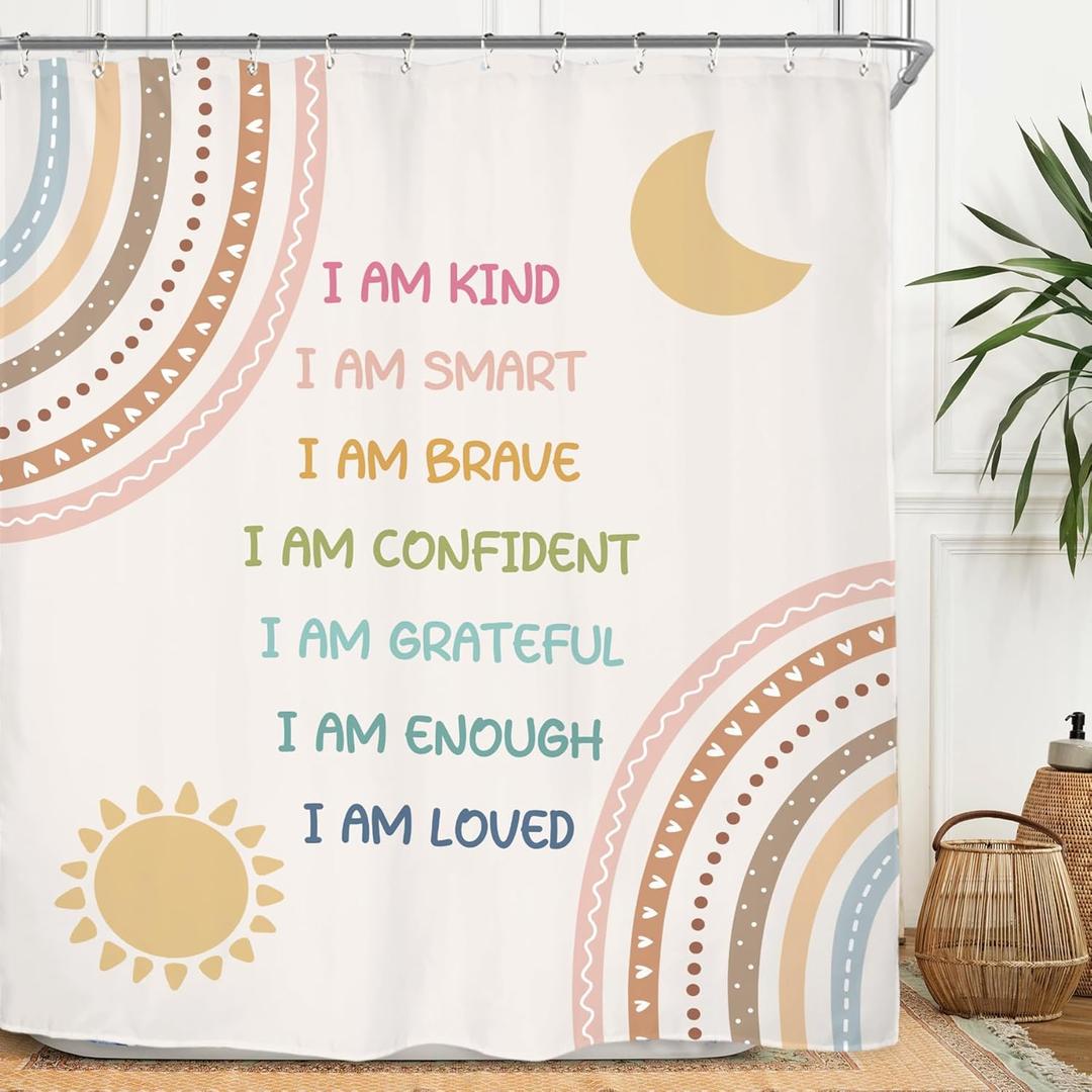 Miyotaa Inspirational Rainbow Shower Curtain Set 60Wx71H Inches Sun Moon Colorful Quotes Motivational Positive Pastel Polyester Waterproof Bathroom Curtain with 12 Hooks