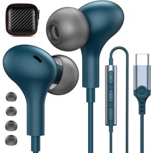 USB C Headphones for iPhone 17/16/15/Samsung S26/S25/S24 Wired Earbuds with Microphone for Galaxy S23 S22 S21 S20 Magnetic Noise Canceling in-Ear Type C Earphones for iPad 10th/Pixel 9 8 7a, Lake-Blue
