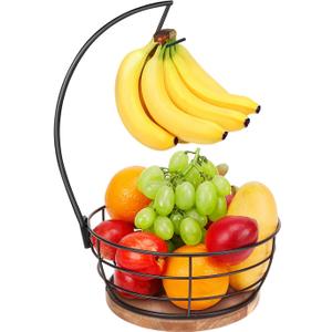 Livabber Countertop Fruit Basket Bowl with Banana Hanger, Modern Standing Fruit Vegetable Bowl Storage, with Banana Tree Holder for Kitchen Dinning Table (Round Wood, Black)