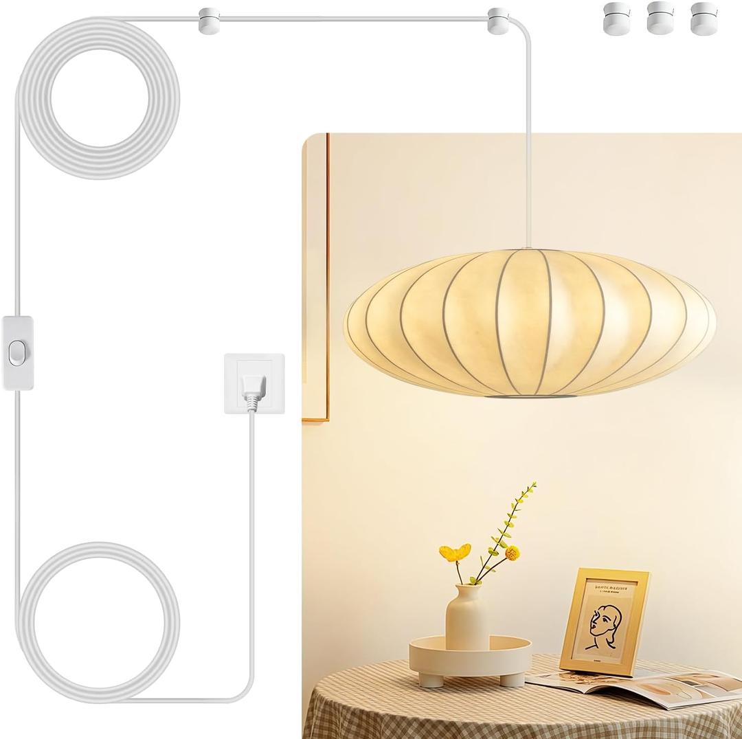 19.7in Plug in Lantern Pendant Light,White Imitation Silk Hanging Light | Wabi Sabi Japanese Saucer Hanging Lamp with 19.7ft Cord,Plug in Chandelier for Dining Room Living Room Bedroom Kitchen Island