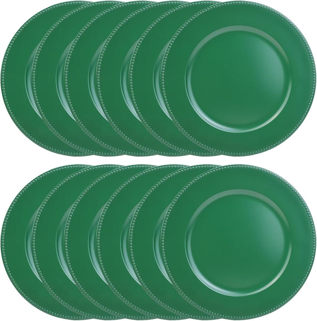 Set of 12 Green Charger Plates with Beaded. 13" Reusable Plastic Table Chargers for Dinner Plates