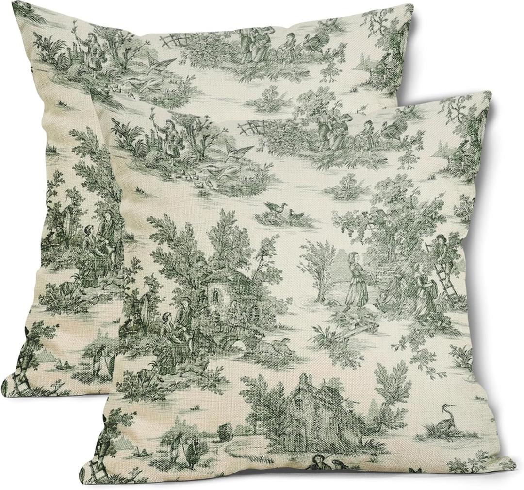 aportt French Country Pillow Covers Set of 2 20x20 Inch Vintage Toile Green Cotton Linen Polyester Decorative Throw Pillow Case Cushion Cover for Bedroom Sofa Living Room Couch Chair Office (20" x 20" (Pack of 2))