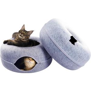 CATTASAURUS Peekaboo Cat Cave for Multiple & Large Cats Up to 30-45 Lbs, Scratch Detachable & Washable Tunnel Bed, Comfy Donut Cat Cave (Light Gray + Light Gray, Large)