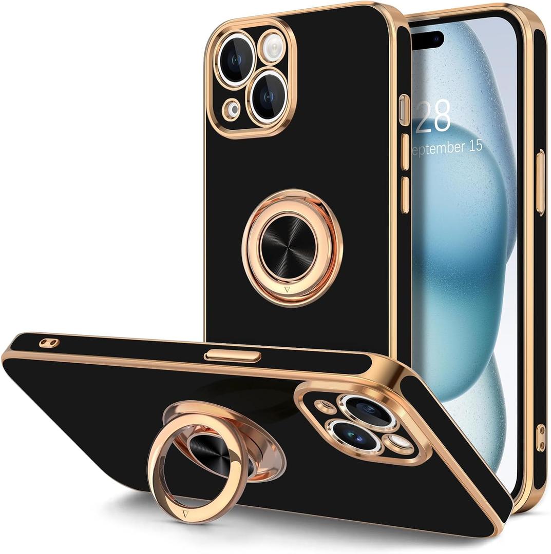 Hython Case for iPhone 15 Plus Case with Ring Stand, 360° Rotatable Ring Holder Magnetic Kickstand, Plating Rose Gold Edge Soft Cover Luxury Protective Phone Case for iPhone 15 Plus 6.7"​, Black