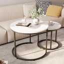 aboxoo Round Nesting Coffee Table Side Table Set of 2 End Tables for Living Room Bedroom Balcony, White Faux Marble Wooden Table Accent Coffee Table with Black Steel Frame, Large: 23.6" x 17.7", Small: 15.7" x 15.7"