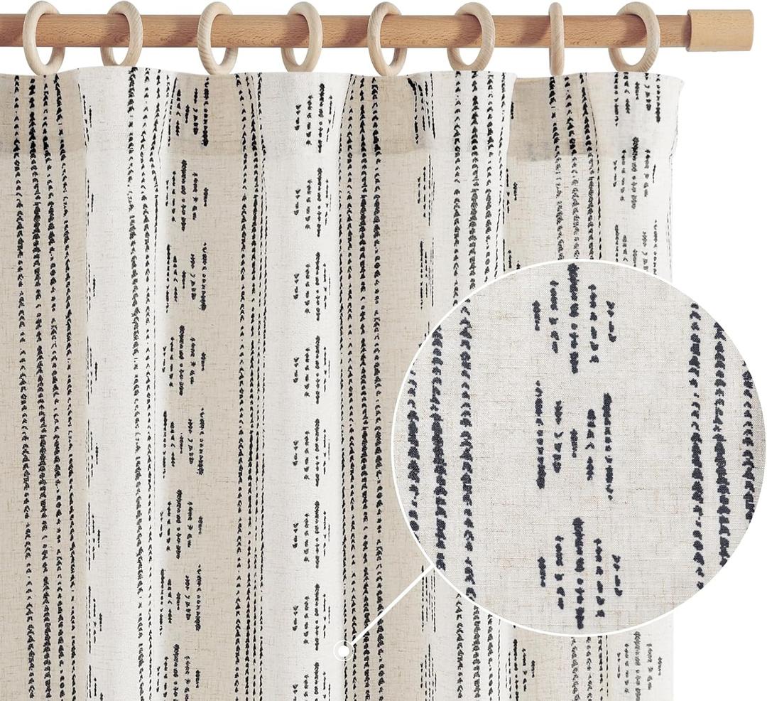 jinchan Boho Curtains for Living Room Farmhouse Black Curtains 96 Inch Length 2 Panels for Bedroom Geometric Striped Mudcloth Light Filtering Window Drapes Rod Pocket Black on Beige (Back Tab| Black on Flax)