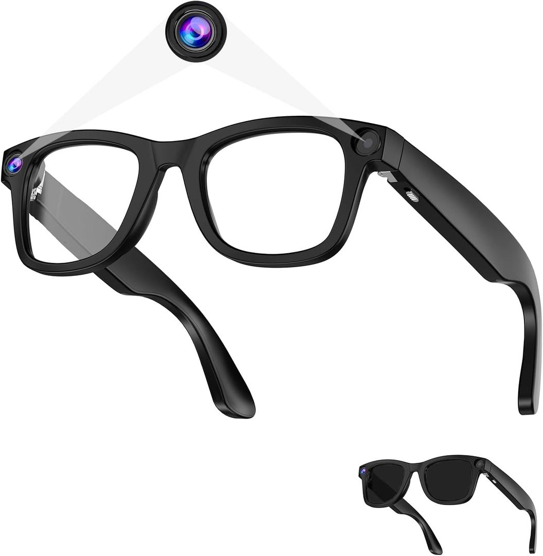 AI Smart Glasses - 800W HD Camera, 1080P Video, Voice Control, Bluetooth/Wi-Fi, 220mAh Fast Charging, Lightweight for Hands-Free Recording(Anti-Blue Lights & Sunglasses Lenses Included-Black)