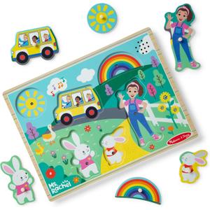 Melissa & Doug Ms. Rachel Wooden Song Peg Puzzle, 6-Piece Light-Activated Sound Puzzle with Full Songs, Toddler Toys for Boys and Girls Ages 2-5+ Years - FSC Certified