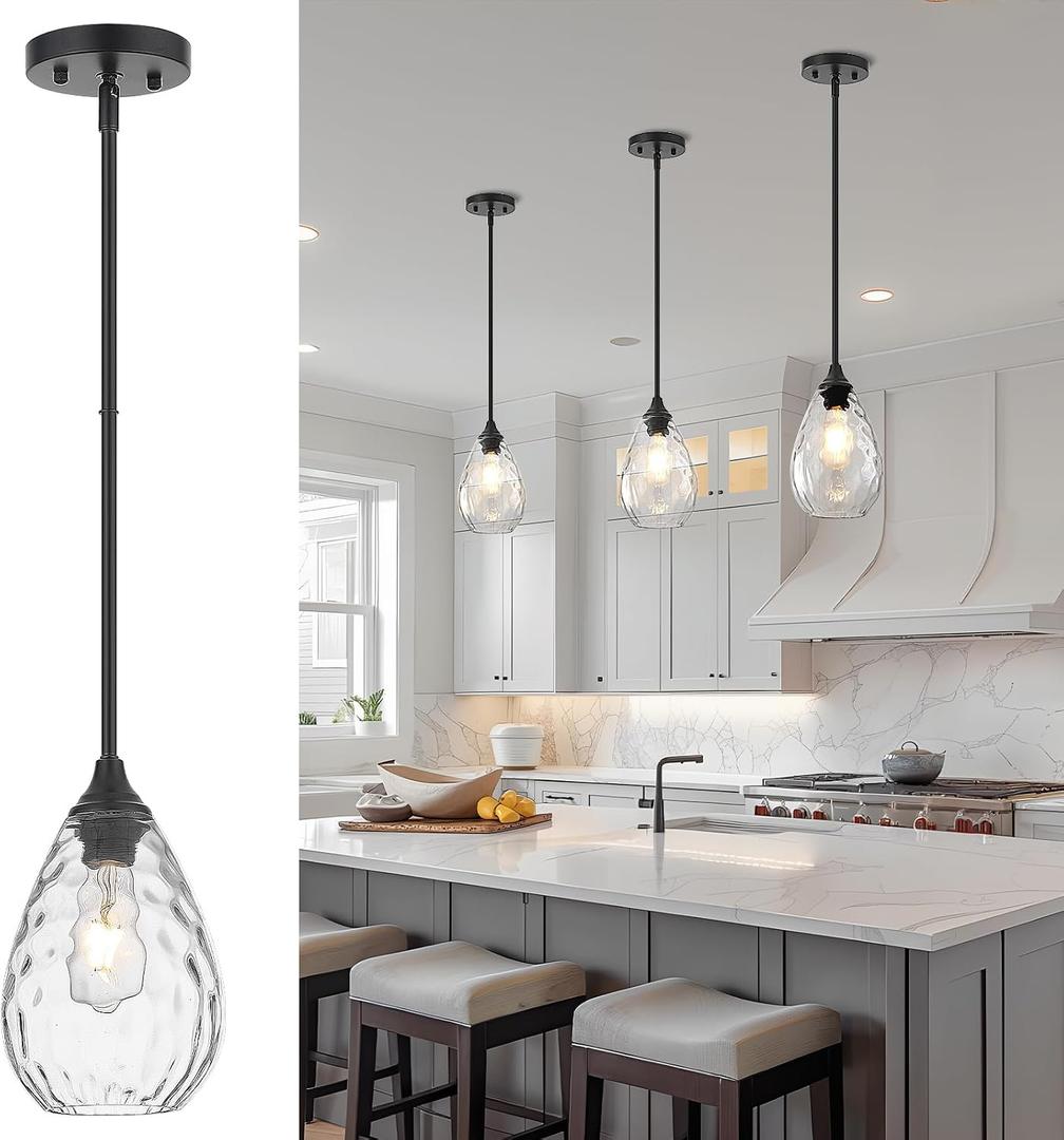 Glass Pendant Lights Kitchen Island, 1-Light Modern Black Pendant Light Fixtures with Hammered Glass and Rods, Small Hanging Light for Kitchen Sink Dining Room Bathroom, 1-Light, 1 Pack