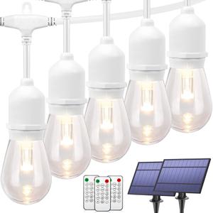 Mlambert 96FT(2x48FT) 3-Color in 1 Dimmable Solar String Lights Outdoor, Remote Patio String Lights with 30+5 LED Bulbs for Pergola Outside-White Cord