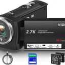 Video Camera Camcorder, QHD 2.7K 56MP 16X Digital Vlogging Camera with LED Fill Light for YouTube, 2.8'' 270 Rotation Screen Camcorder Camera with 32GB Card and Two Batteries (Black)
