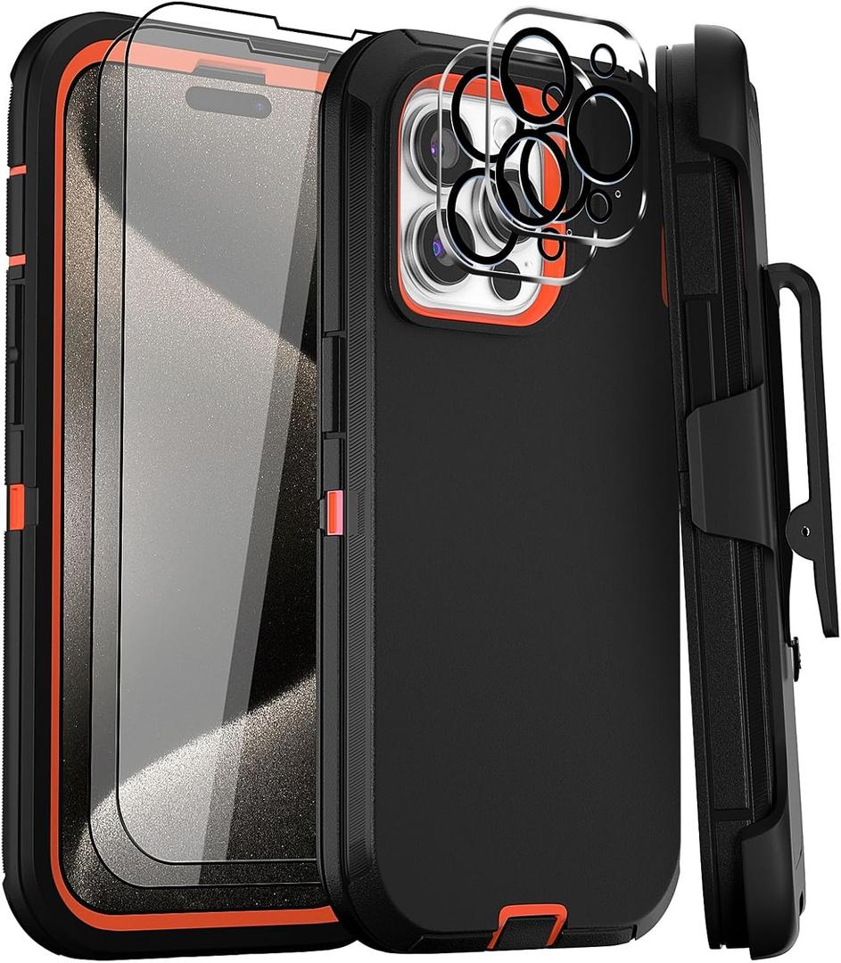 for iPhone 15 Pro Case 6.1" Belt-Clip Kickstand Holster with 2 Screen Protector + 2 Camera Lens Protector, Heavy Duty Military Grade Drop-Proof Phone Case Cover (Black Orange+Clip)