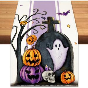 Halloween Pumpkin Boo Ghost Table Runner Spooky Tombstone Skull Burlap Table Runners, Autumn Seasonal Coffee Table Center Decor for Home Kitchen Dining Party Indoor Outdoor 13x108 Inch