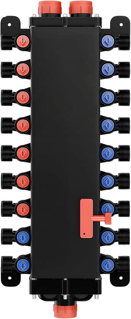 49615 18-Port PEX Manifold Compatible with Viega Manabloc | 10 Cold 8 Hot Full-House Water Distribution, 3/4" Inlet 1/2" Zero Lead Alloy PEX CrimpSuitable for crimping, 49615 pex manifold with 18 valves