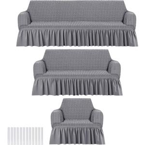 3 Pcs Sofa Slipcover Set for Couch Cushion Durable Washable High Elastic Stretchable Furniture Couch Covers with Skirt for Sofa Loveseat Arm Chair(Light Gray,Seersucker)