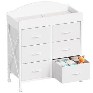 Yetom Baby Changing Table Dresser with Wheels, 6-Fabric Drawer Baby Dresser with Changing Table Top, Waterproof Diaper Changing Station & Pad, Mobile Storage Unit, Compact Baby Furniture, White