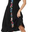 Women's Mexican Dress Embroidered Linen Dresses Casual Bohemian Floral Wedding Party Dress, Black Mediu