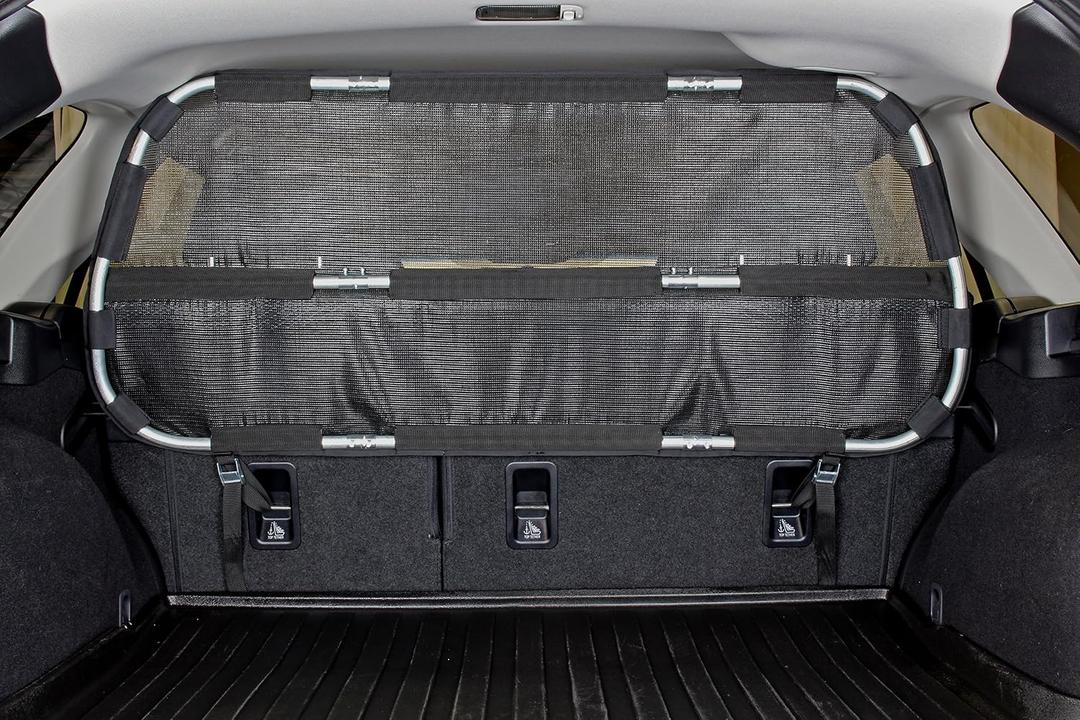 Bushwhacker Cargo Area Dog Barrier for CUV & Mid-Sized SUV 46" Wide Hatchback Pet Divider Crossover Vehicle Car Net Mesh Travel Back Seat Barricade Partition Gate Restraint Fence Trunk Shield
