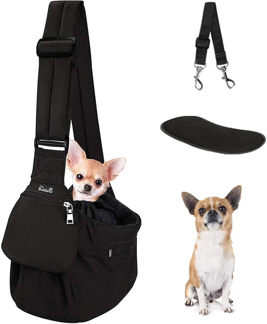 Lukovee Dog Sling Carrier, Hard Bottom Support & Adjustable Soft Padded Shoudler Strap Dog Slings for Small Dogs, Dog Purse with Drawstring Mesh Opening & Zipper Pockets for Puppy Cat Pet (Black, For Pets Up to 9 lbs, Water resistant)