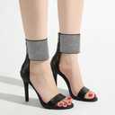 Women's High Heel Sandals Open Toe Ankle Tie Dressy Heeled Sandals for Prom, Party, Evening Events, 3.93 Inch Comfortable Thin Block Heels (7, Black)