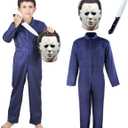 Halloween Cosplay Costume, Classic Horror Killer Blue Jumpsuit With Mask and Prop (120)