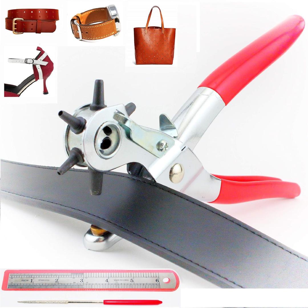 Tytroy 9" Heavy Duty Leather Hole Punch Tool with 6 Sizes (1.5-5mm), 6" Ruler, and Grinding Rod for Belts, Handbags, Watch Straps, Shoes, Plastic Sheets, and DIY Crafting