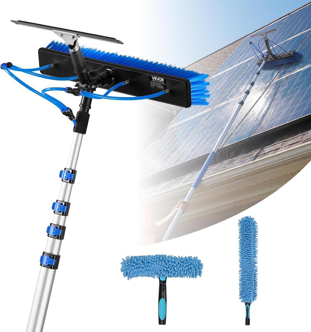VEVOR Solar Panel Cleaning Kit, 26 ft, Water Fed Pole Kit with Cleaning Brush, Squeegee, Soap Dispenser, Extendable Aluminum Telescopic Pole, 180 Rotatable Brush Head, for Roof Mounted Solar Panels