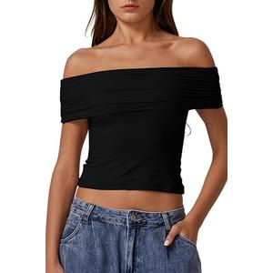 QINSEN People Solid Plain Off Shoulder Ruffled Rayon Top, XL