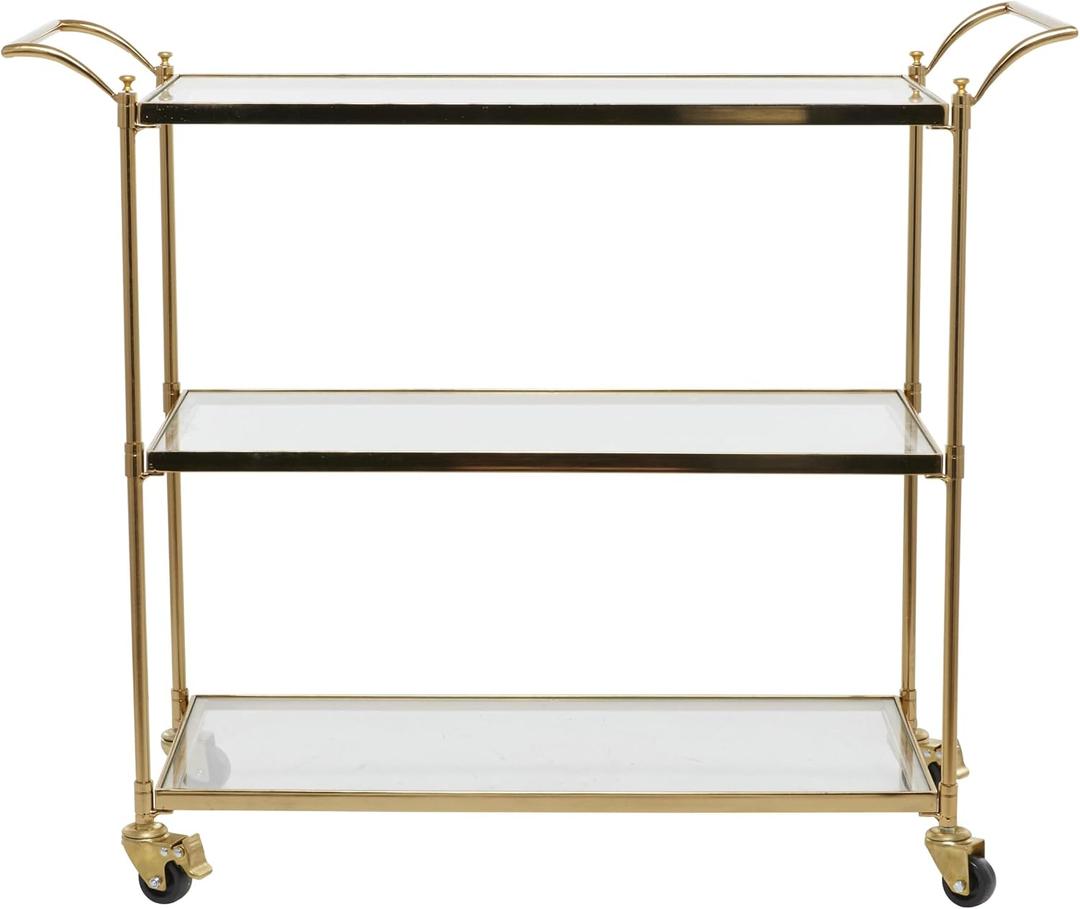 Deco 79 Metal Rolling 3 Glass Shelves Bar Cart with Lockable Wheels, 38" x 14" x 31", Brass, LARGE SIZE