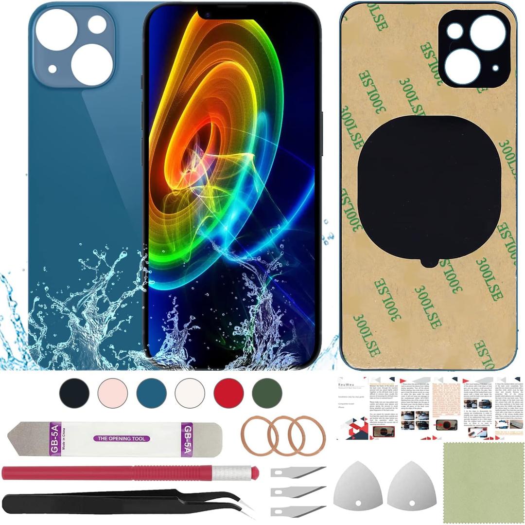 Rear Back Cover Glass Replacement Compatible with iPhone 13 6.1" + Professional Tools (Blue)