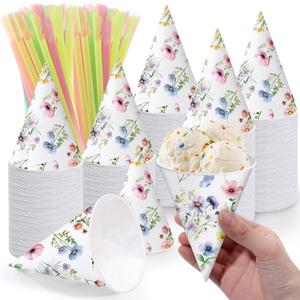 Willinglong 50 Sets Wildflower Snow Cone Cups and Straws 6 oz Vintage Flower Shaved Ice Cream Cups for Slush Shaved Ice Cream Water Cooler Disposable Paper Funnel for Bridal Baby Shower Birthday Party