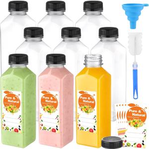 36 Pack 16oz Plastic Juice Bottles with Caps, Empty Reusable Bottles for Juicing Beverage, Plus Labels & Funnel & Brush, Clear Juice Containers with Lids for Smoothies Ginger