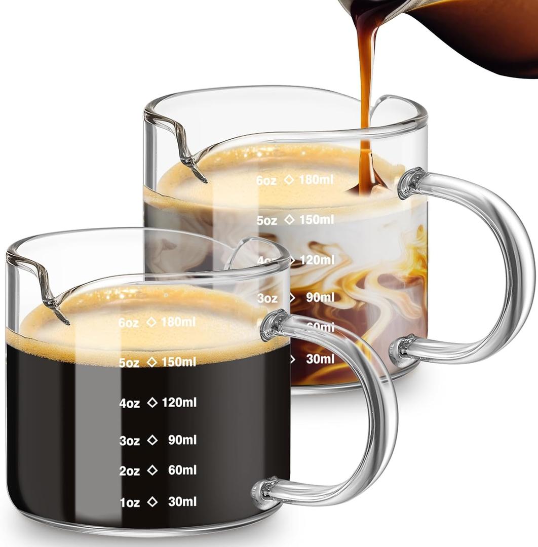 Patelai 2 Pcs 6oz/180ml Espresso Cups, Glass Measuring Cups with Double Spouts & Handle, Scale Espresso Shot Glass Milk Frothed Cup Coffee Accessories for Machines, Milk Frothed, and Bars
